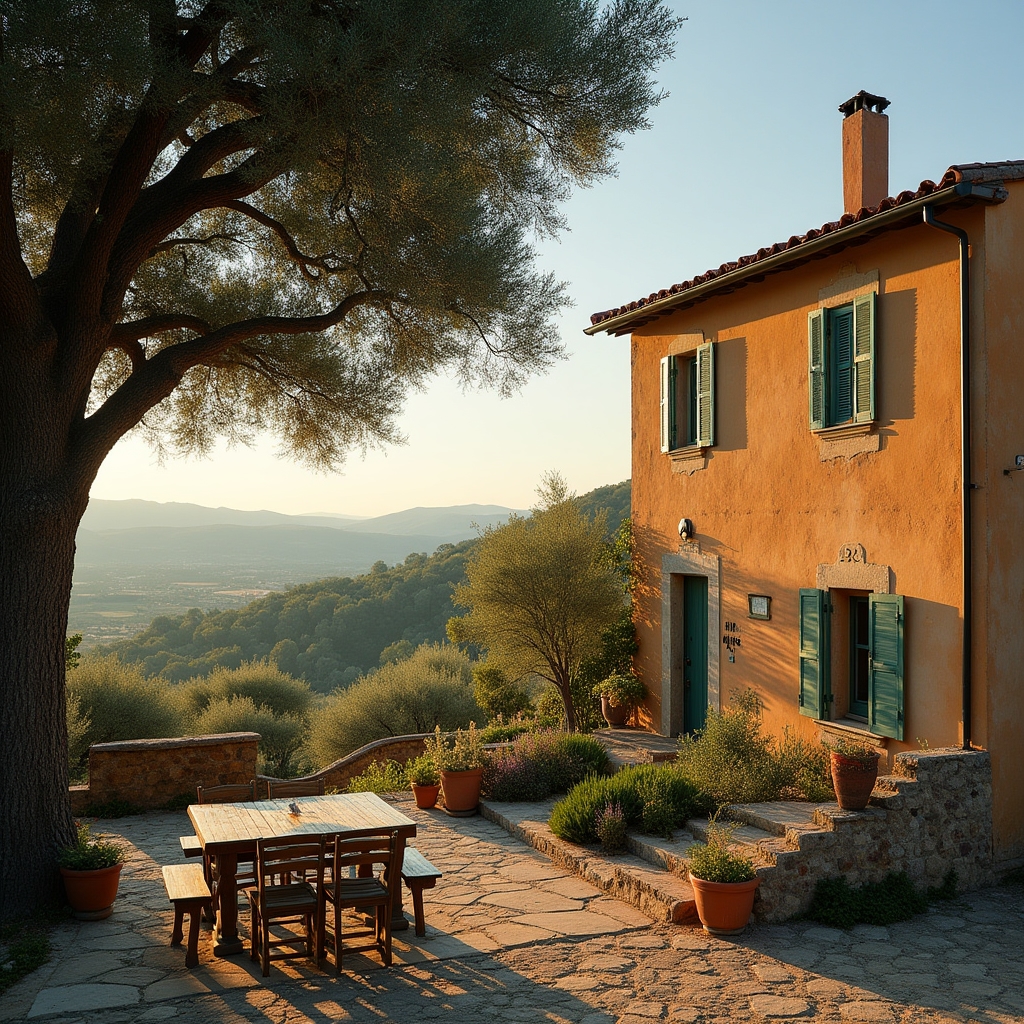 Agriturismo nelle colline italiane con vista su vigneti e borghi