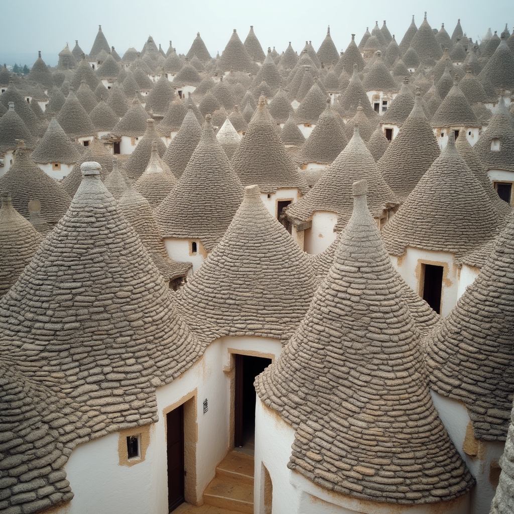 Trulli di Alberobello in Puglia con tetti conici in pietra